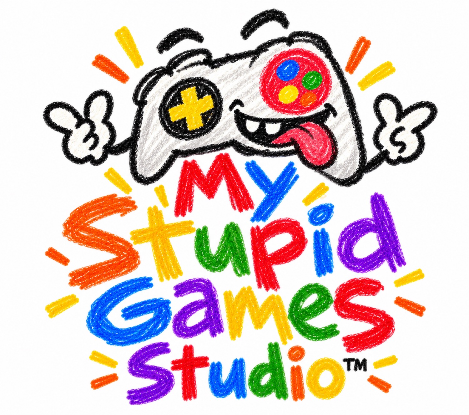 My Stupid Games Studio crayon wordmark. A grinning game controller over rainbow lettering.