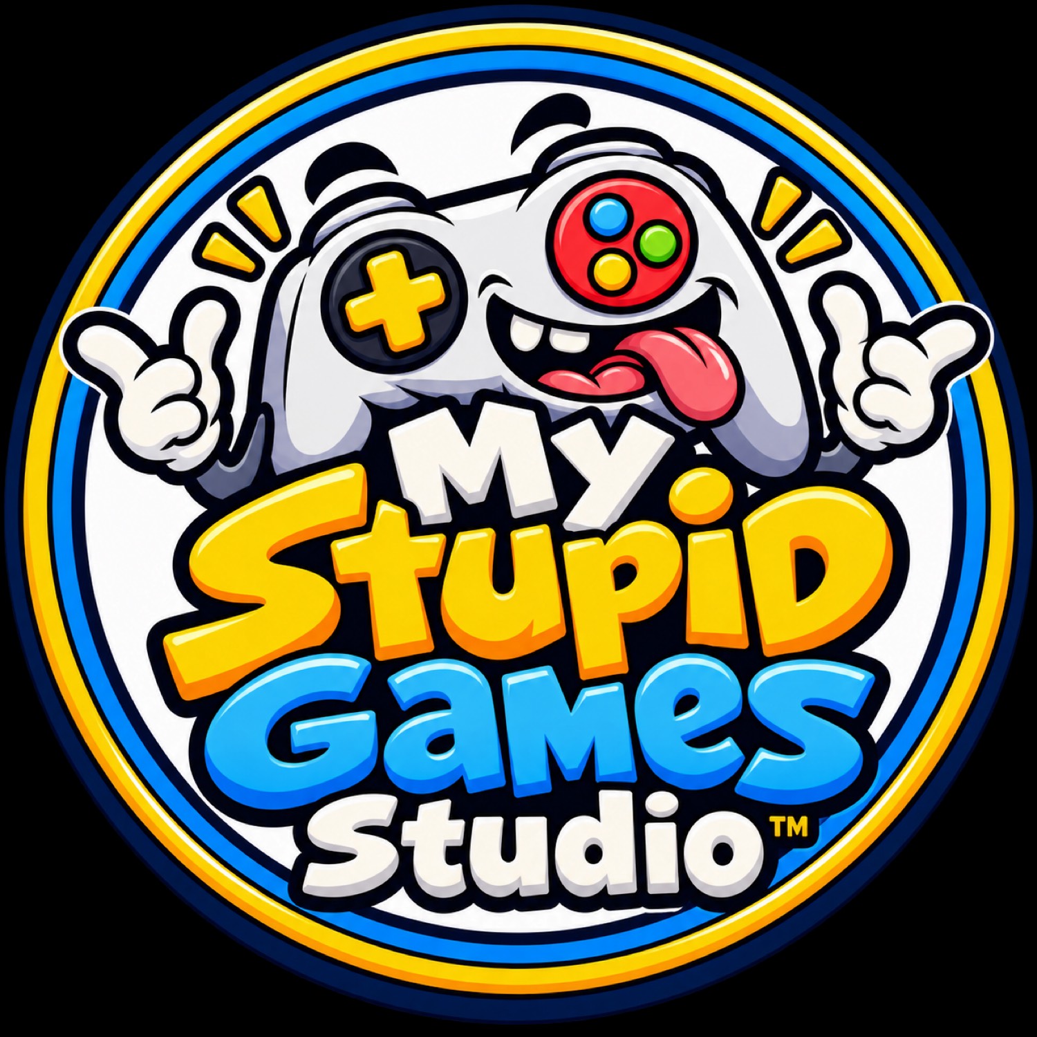 My Stupid Games Studio seal. A grinning game controller in a blue and yellow ring.