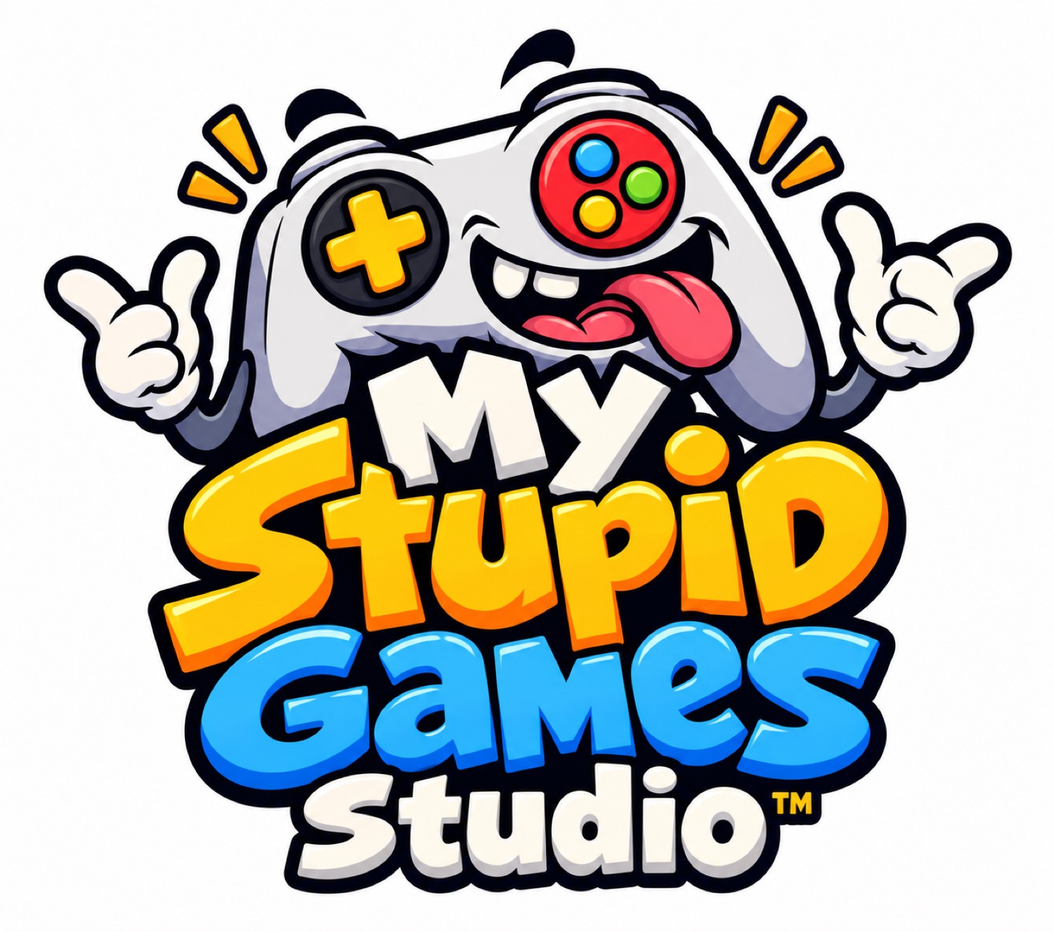 My Stupid Games Studio wordmark. A grinning game controller over yellow and blue lettering.