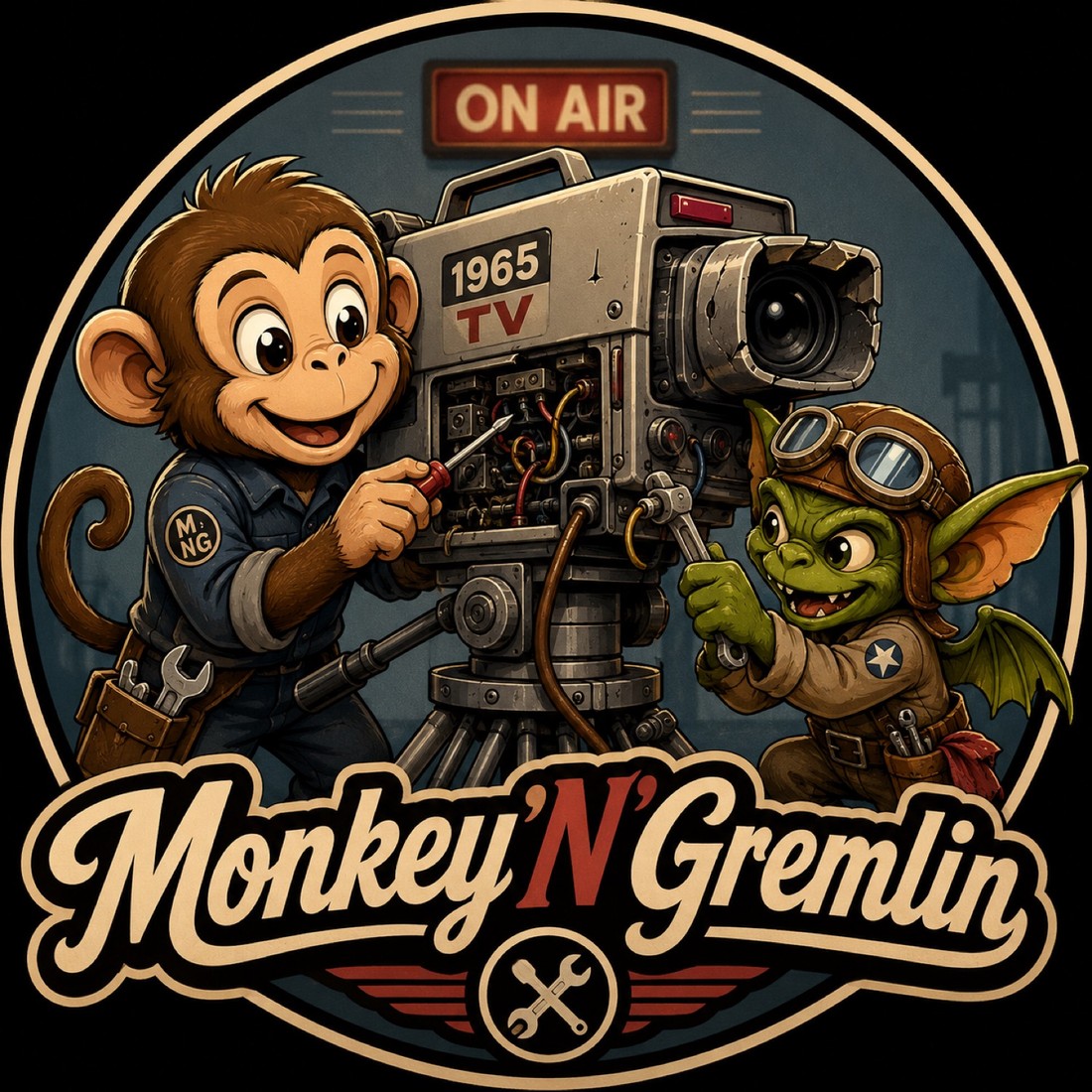 Monkey'N'Gremlin Film Studio seal. Monkey and gremlin on a 1965 camera. Full wordmark and wrenches.