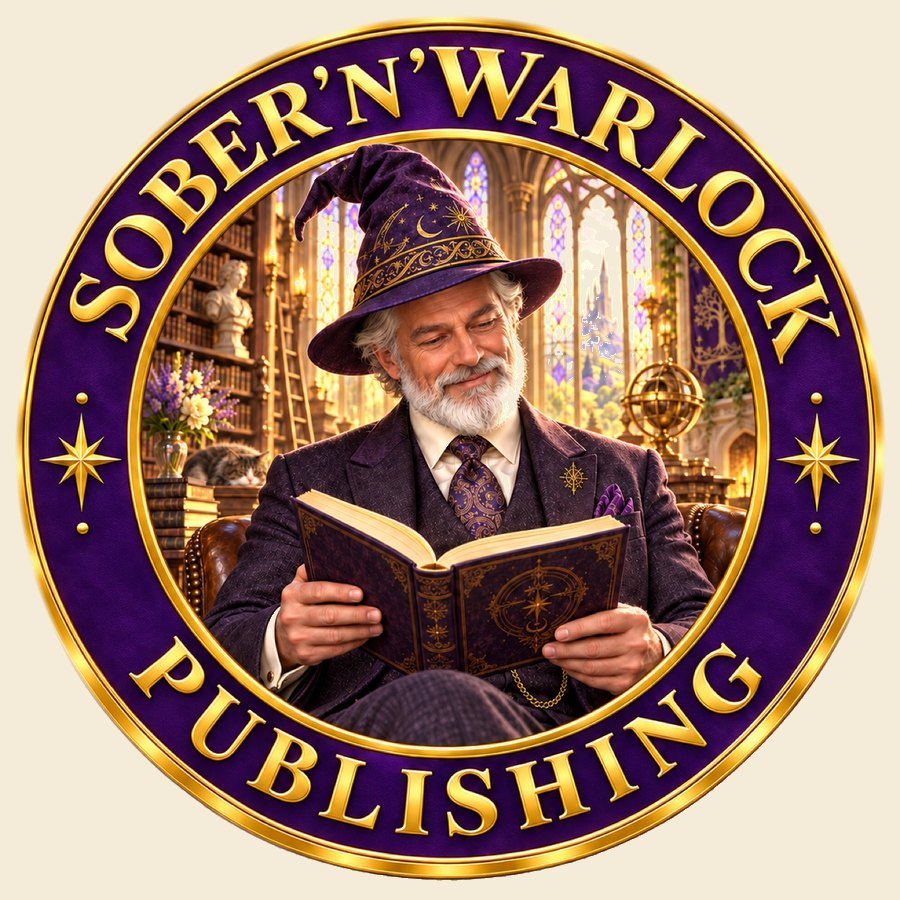 Sober'N'Warlock Publishing seal. The writing warlock with the book.