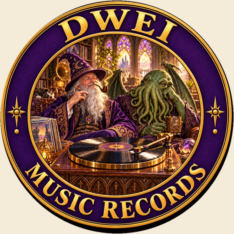 DWEI Music Records seal. A warlock and Cthulhu at the turntable.