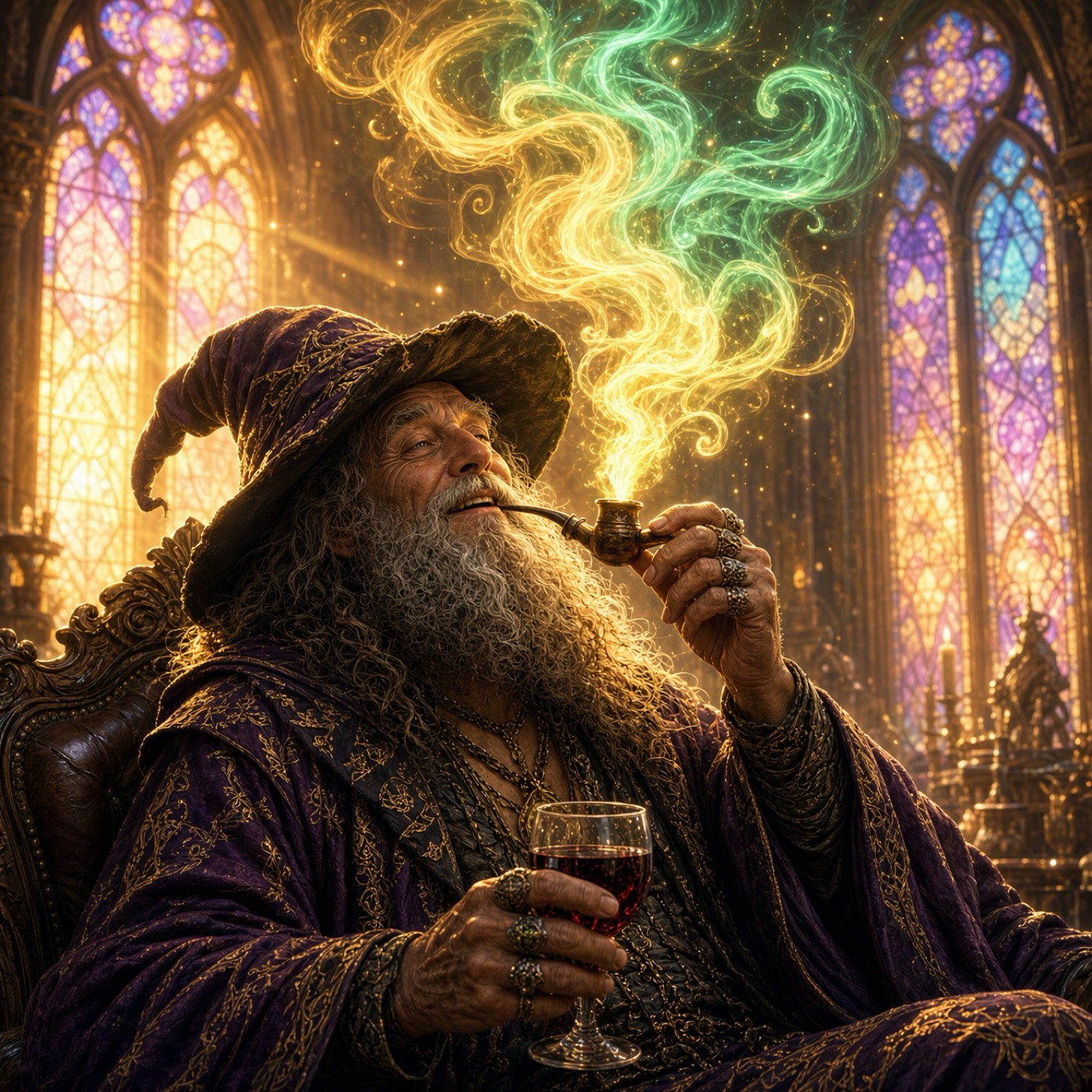 The house warlock in a sunlit gothic hall, pipe smoke curling gold and green through stained glass.